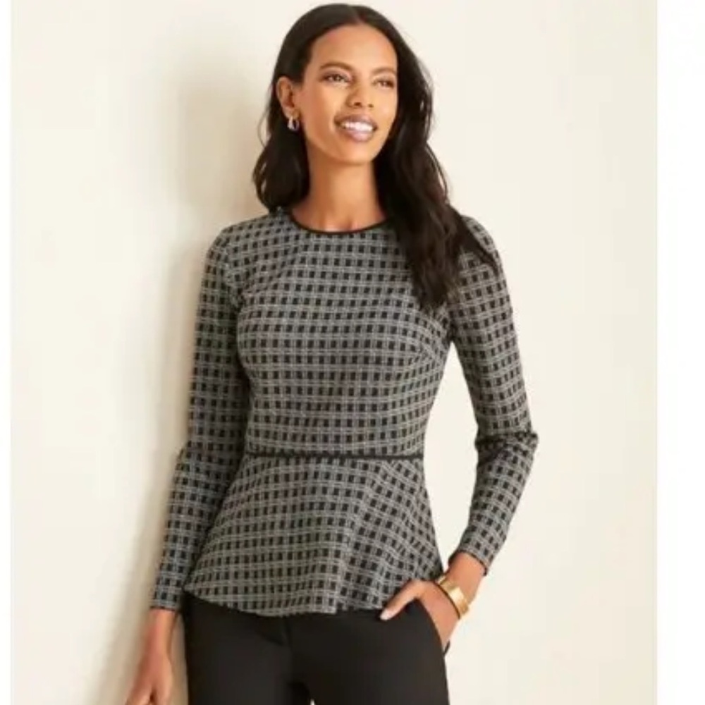 NWT ANN TAYLOR $80 Black & White Plaid Long Sleeve Piped Peplum Top S
